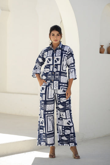 Chic Navy Blue & White Abstract Print Co-Ord Set