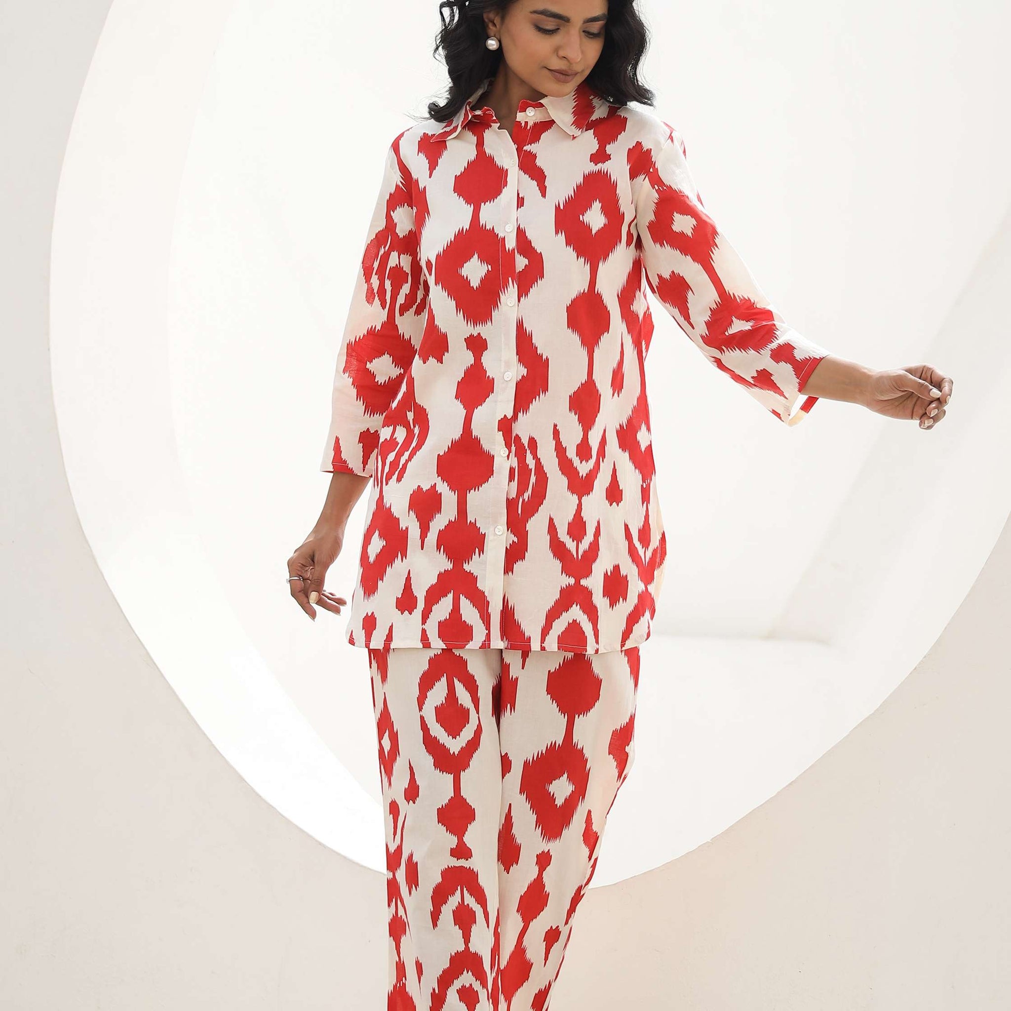 Red Ikat Print Cotton Co-Ord Set