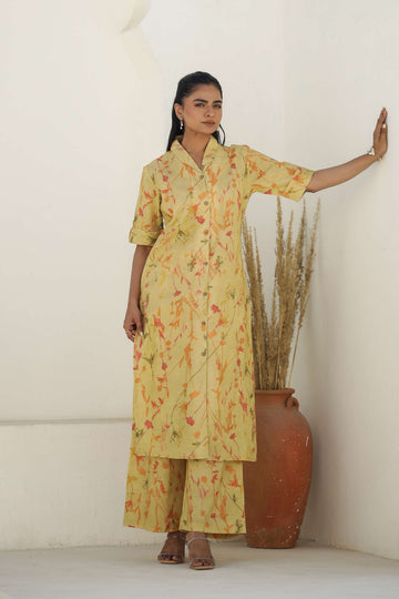 Mustard Floral Printed Cotton Kurta Set – Chic & Comfortable