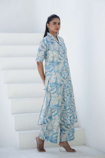 Blue Floral Cotton Kurta Set – Timeless Elegance