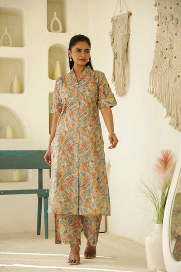 Beige Paisley Printed Cotton Kurta Set – Breezy & Elegant