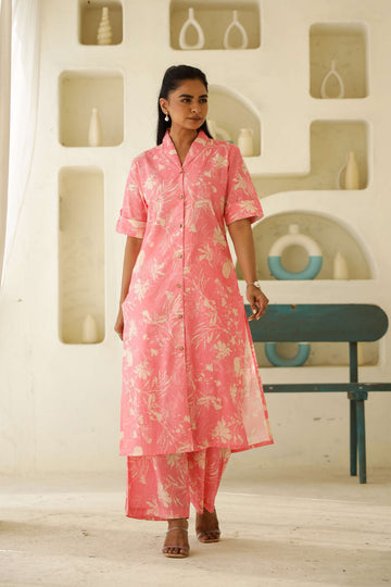 Blush Pink Floral Cotton Kurta Set – Graceful & Elegant