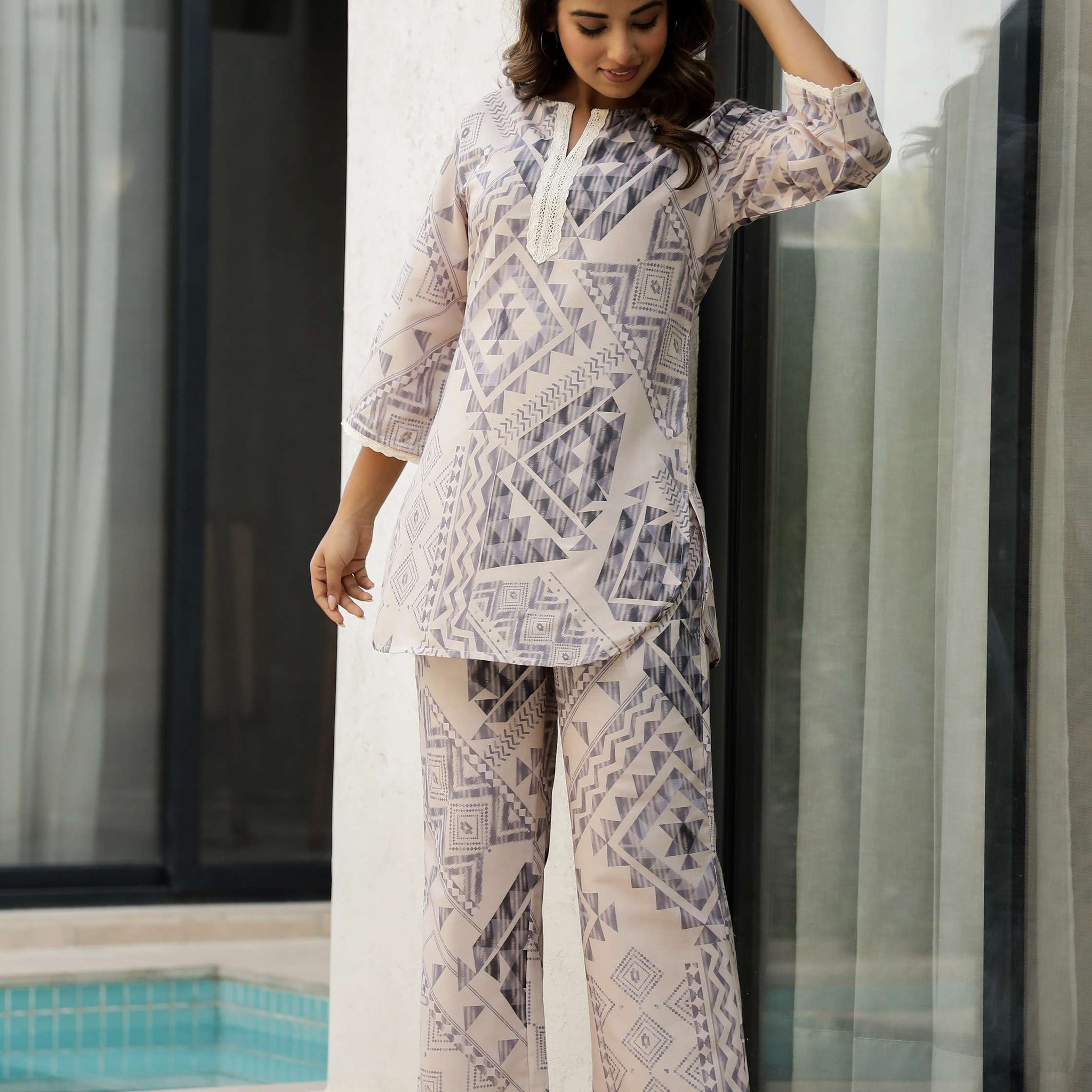 Elegant Beige & Grey Geometric Print Co-Ord Set for Women