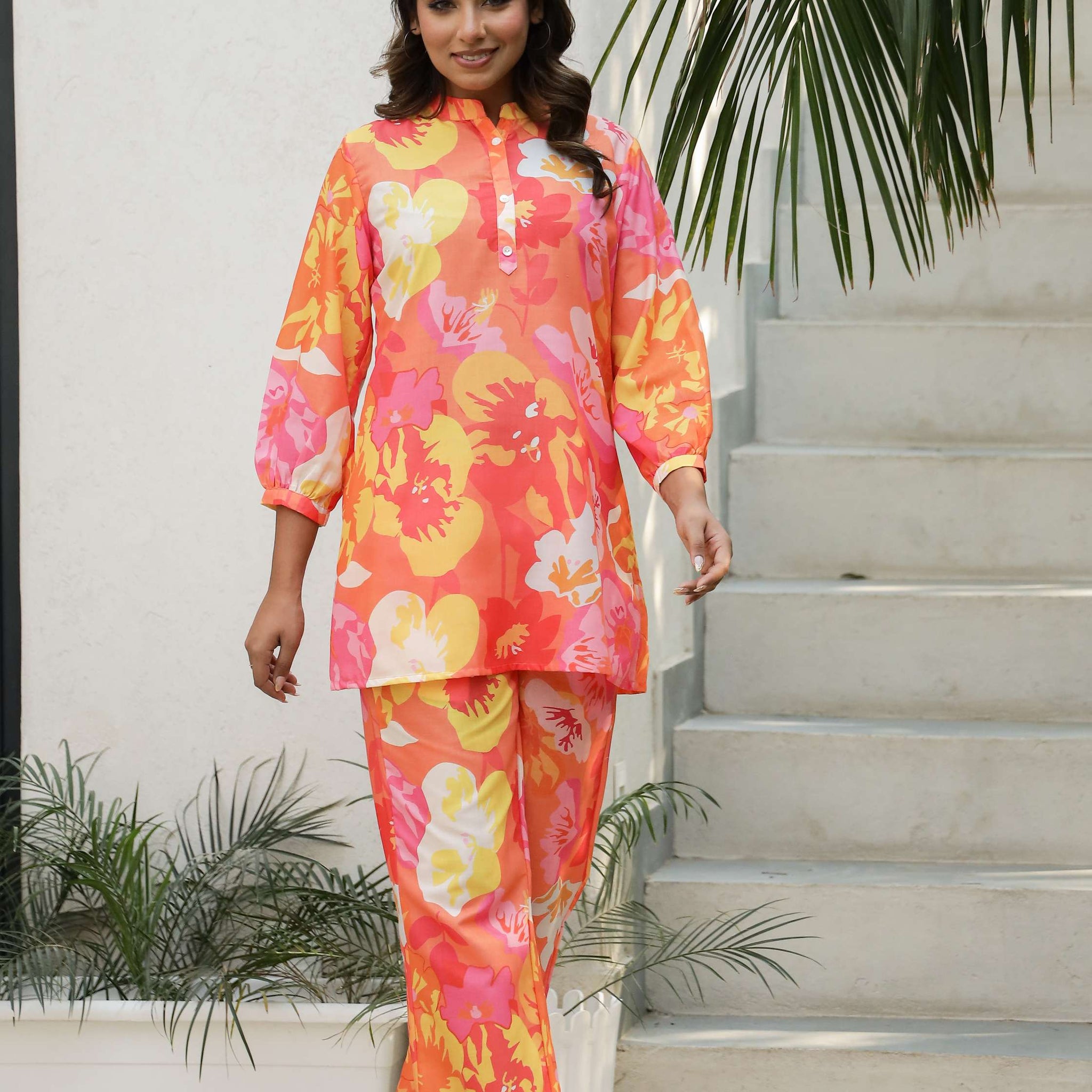 Vibrant Orange & Pink Tropical Floral Co-Ord Set for Women