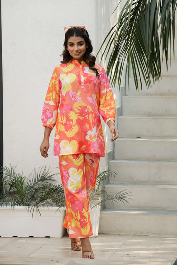 Vibrant Orange & Pink Tropical Floral Co-Ord Set for Women