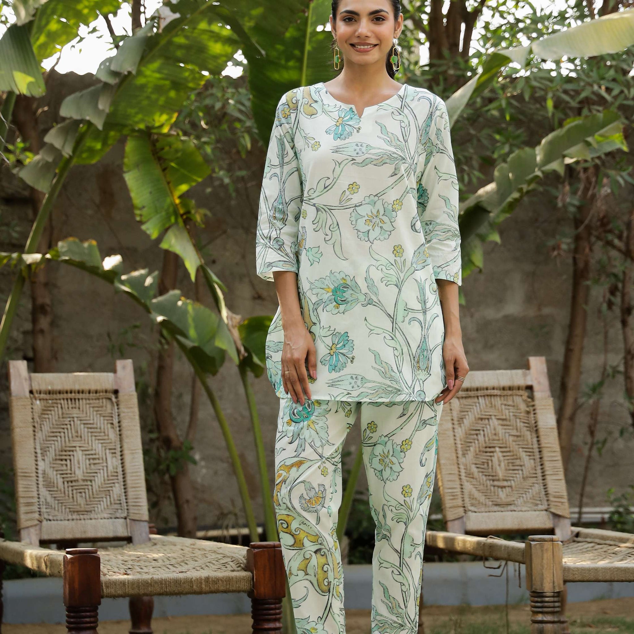 Pastel Green & Blue Floral Cotton Co-Ord Set for Women