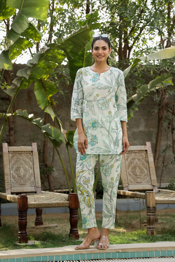 Pastel Green & Blue Floral Cotton Co-Ord Set for Women