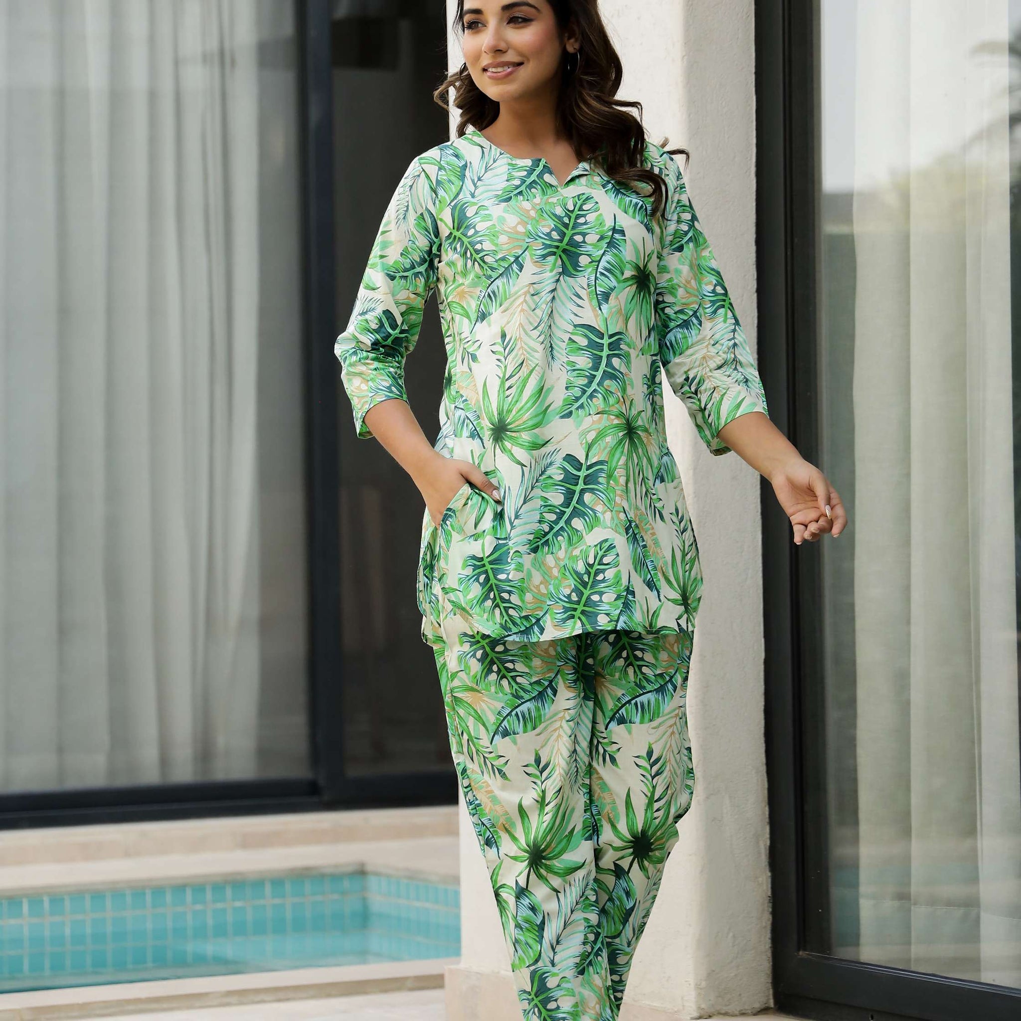 Tropical Green Leaf Print Cotton Co-Ord Set for Women