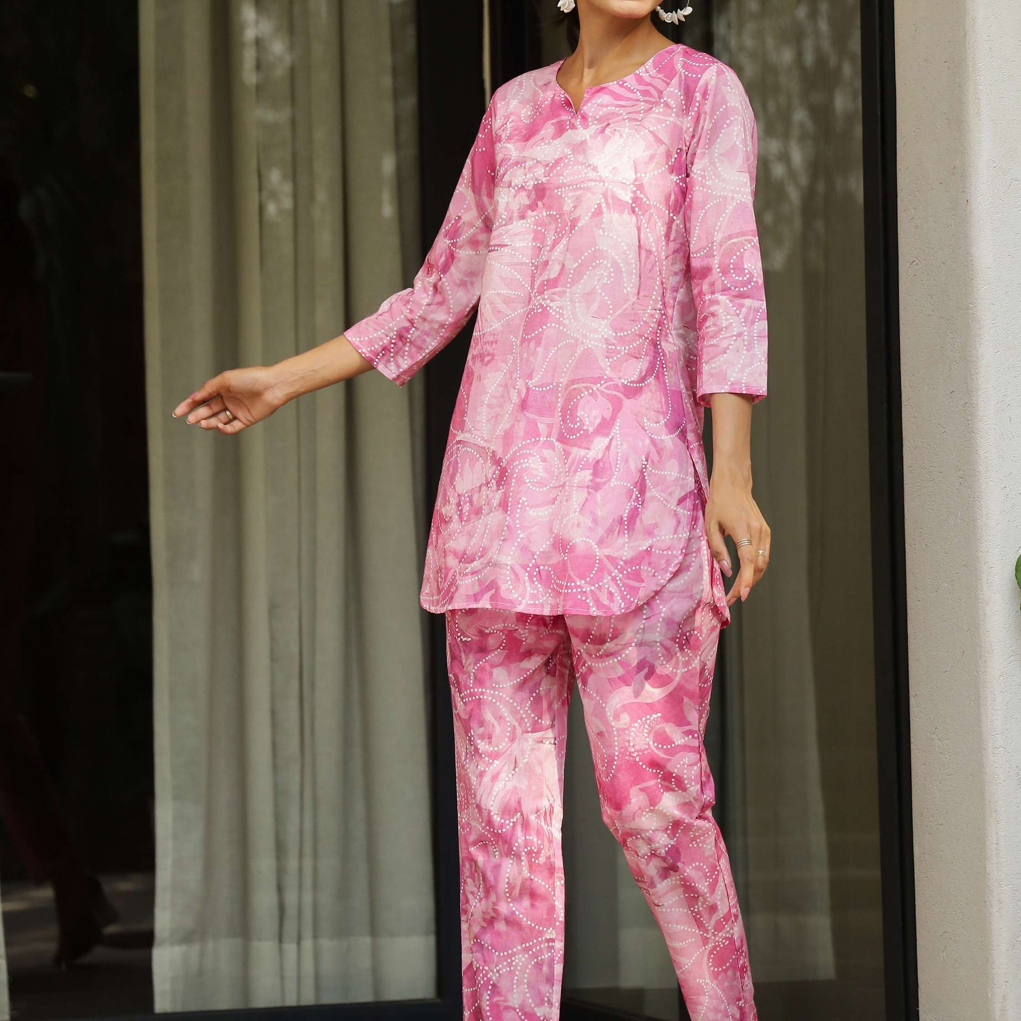 Pink Swirl Print Cotton Co-Ord Set for Women