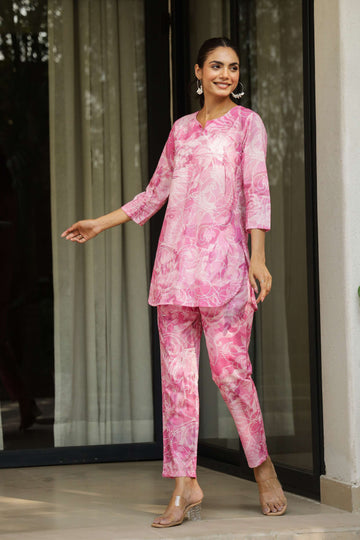 Pink Swirl Print Cotton Co-Ord Set for Women