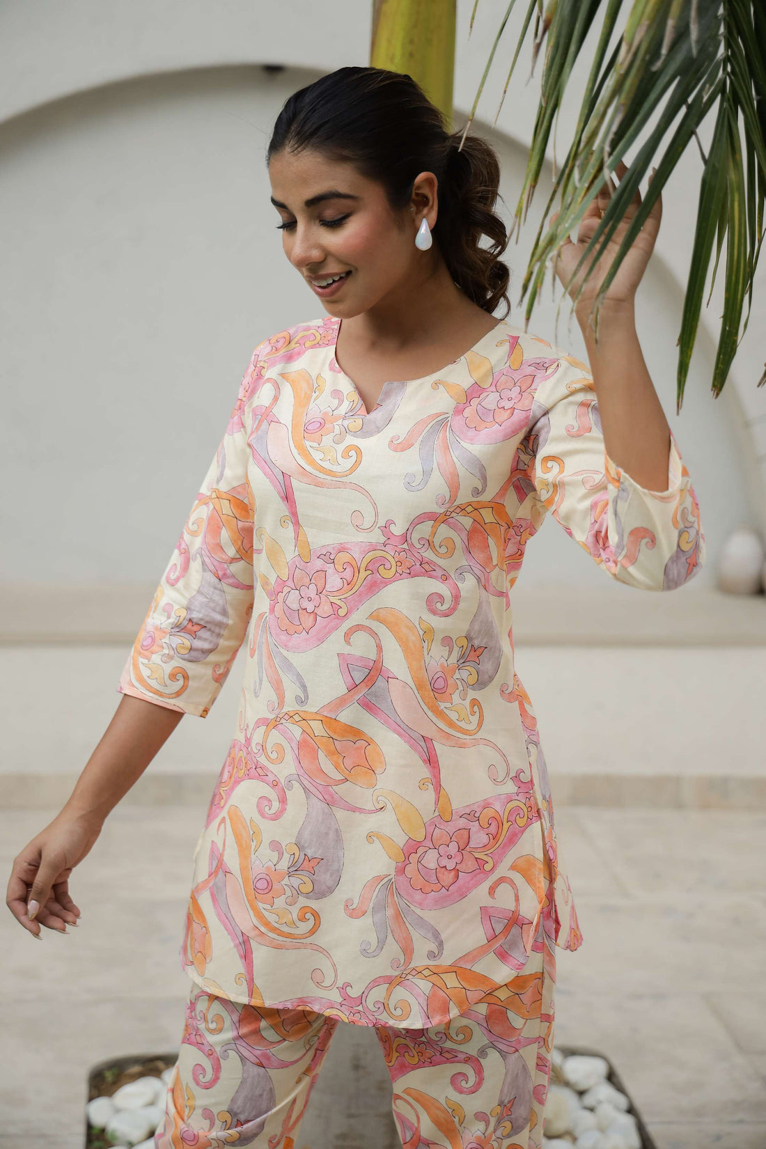 Cream & Coral Printed Co-Ord Set for Women – Elegant Summer Style