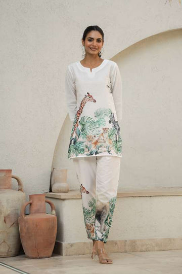 White Jungle Safari Co-Ord Set for Women – Animal Print Loungewear