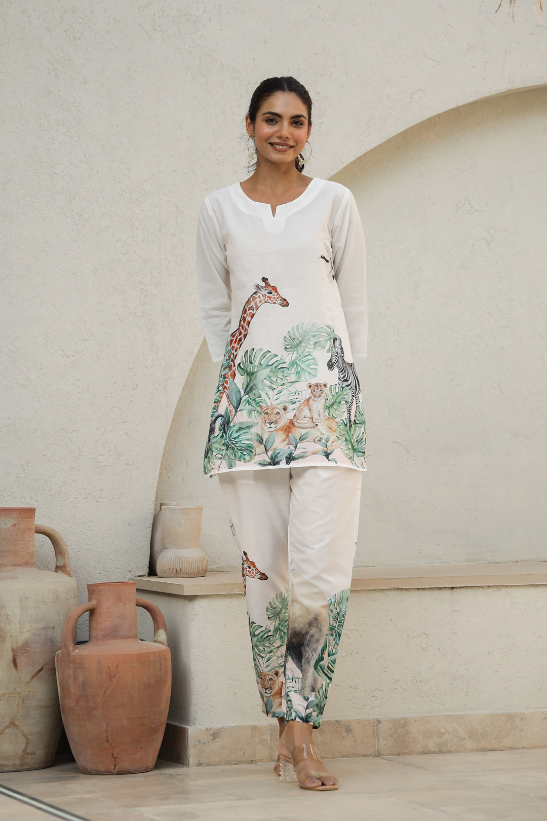 White Jungle Safari Co-Ord Set for Women – Animal Print Loungewear