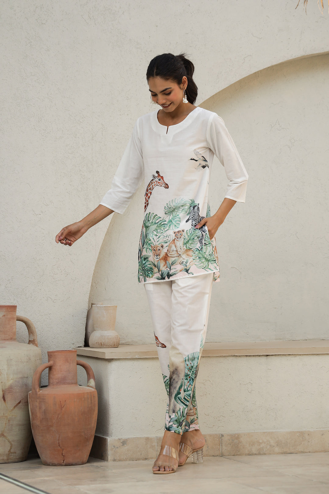 White Jungle Safari Co-Ord Set for Women – Animal Print Loungewear