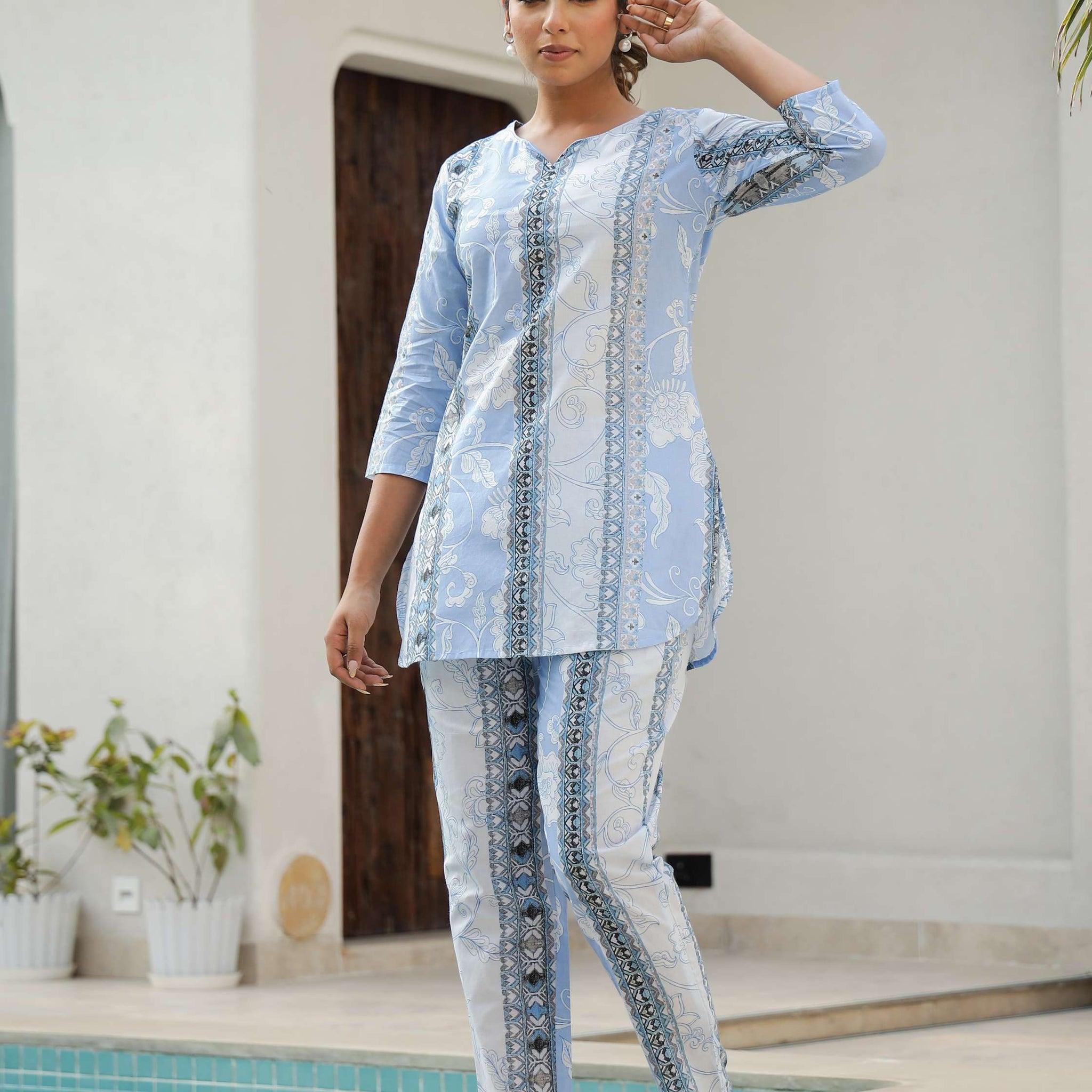 Sky Blue & White Floral Stripe Co-ord Set – Everyday Cotton Elegance