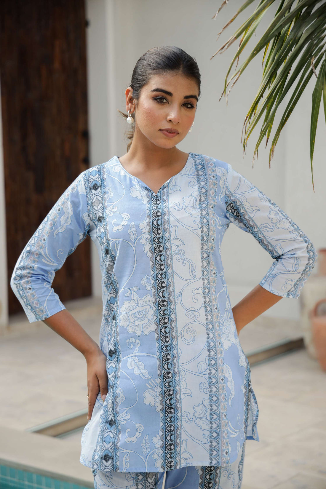 Sky Blue & White Floral Stripe Co-ord Set – Everyday Cotton Elegance