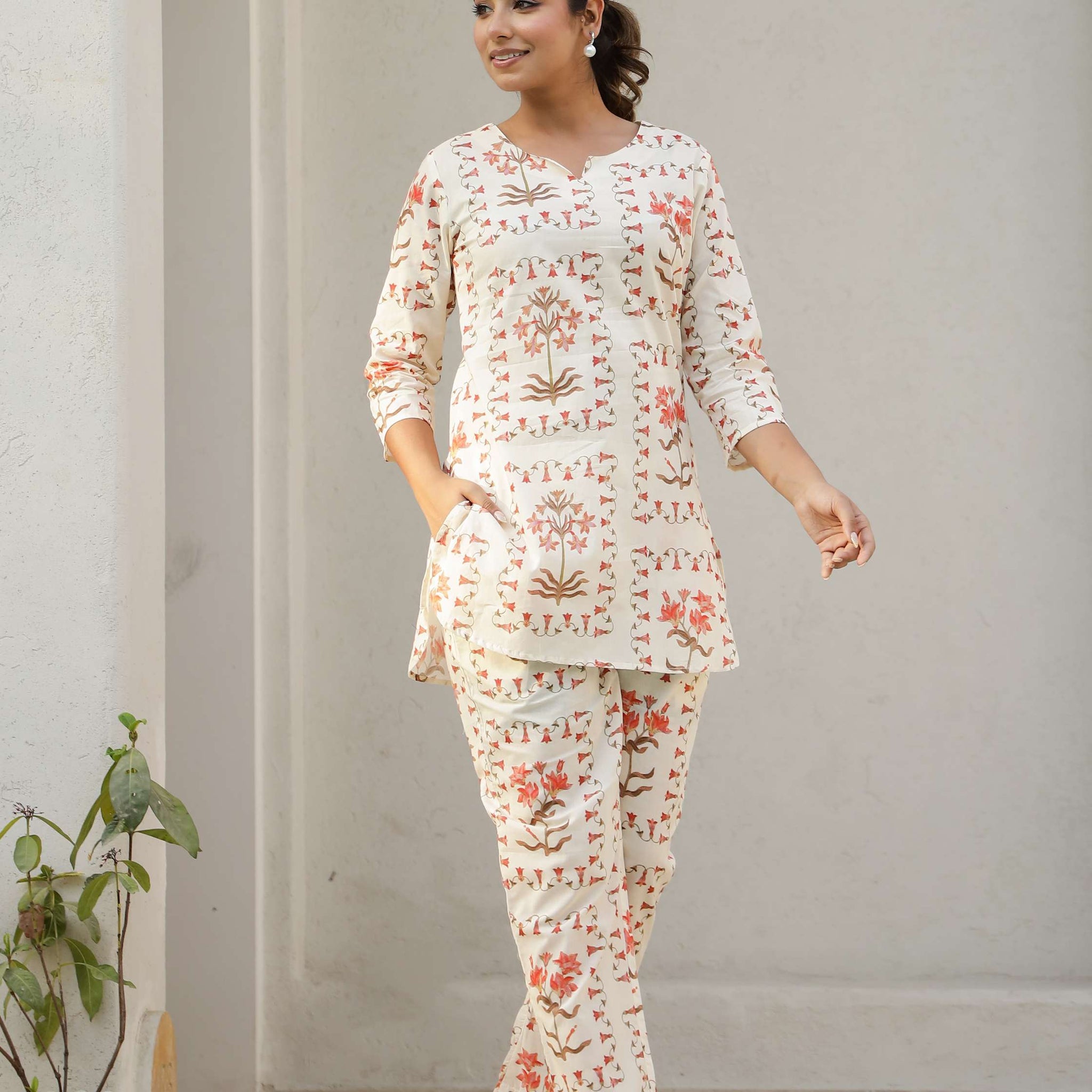 Rust Floral Cream Co-ord Set – Breezy Cotton Loungewear for Women