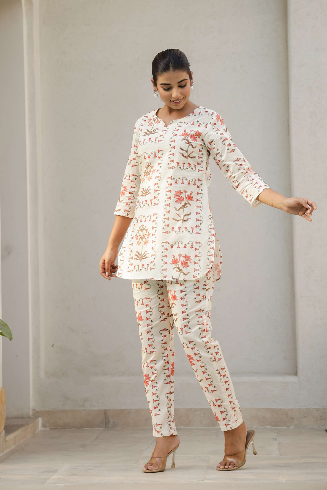 Rust Floral Cream Co-ord Set – Breezy Cotton Loungewear for Women