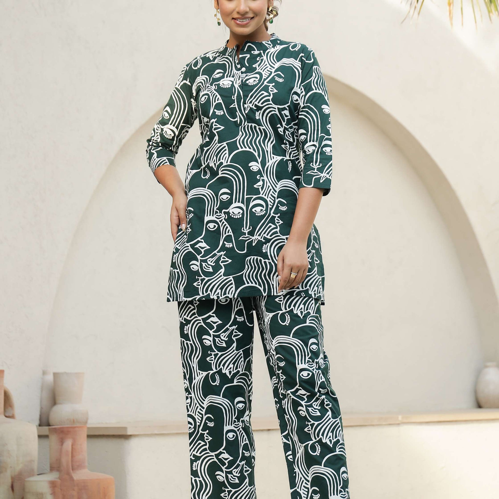Green Abstract Face Print Co-Ord Set for Women – Bold & Trendy Look