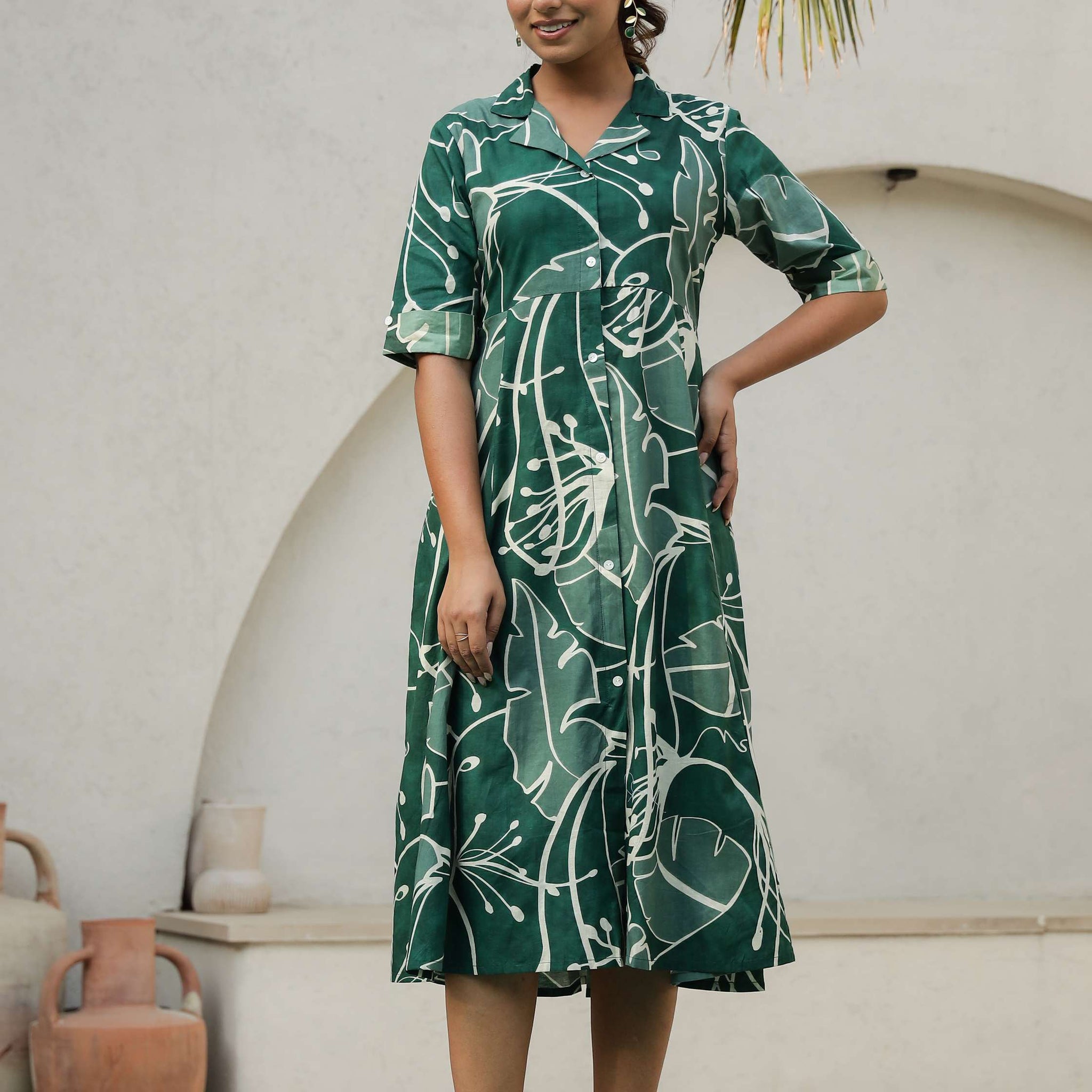 Dark Green Abstract Cotton Shirt Dress – Midi Flare