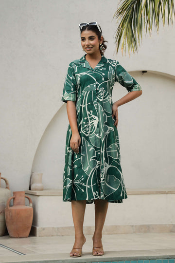 Dark Green Abstract Cotton Shirt Dress – Midi Flare
