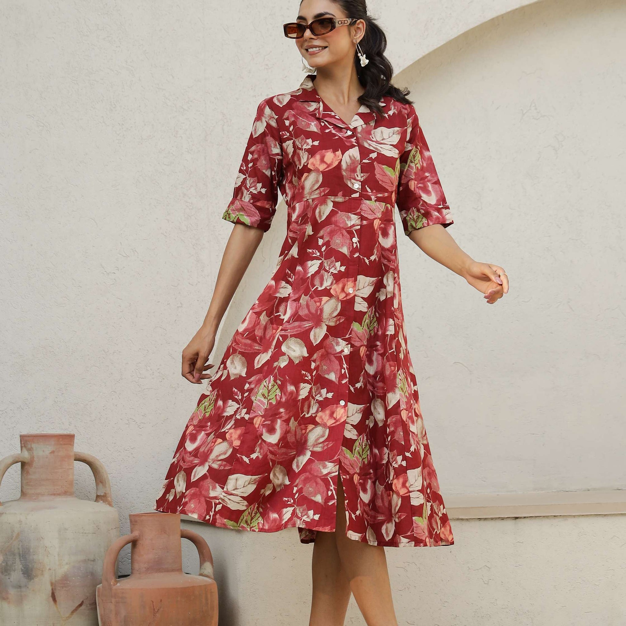 Red Floral Cotton Shirt Dress – Elegant Flared Midi