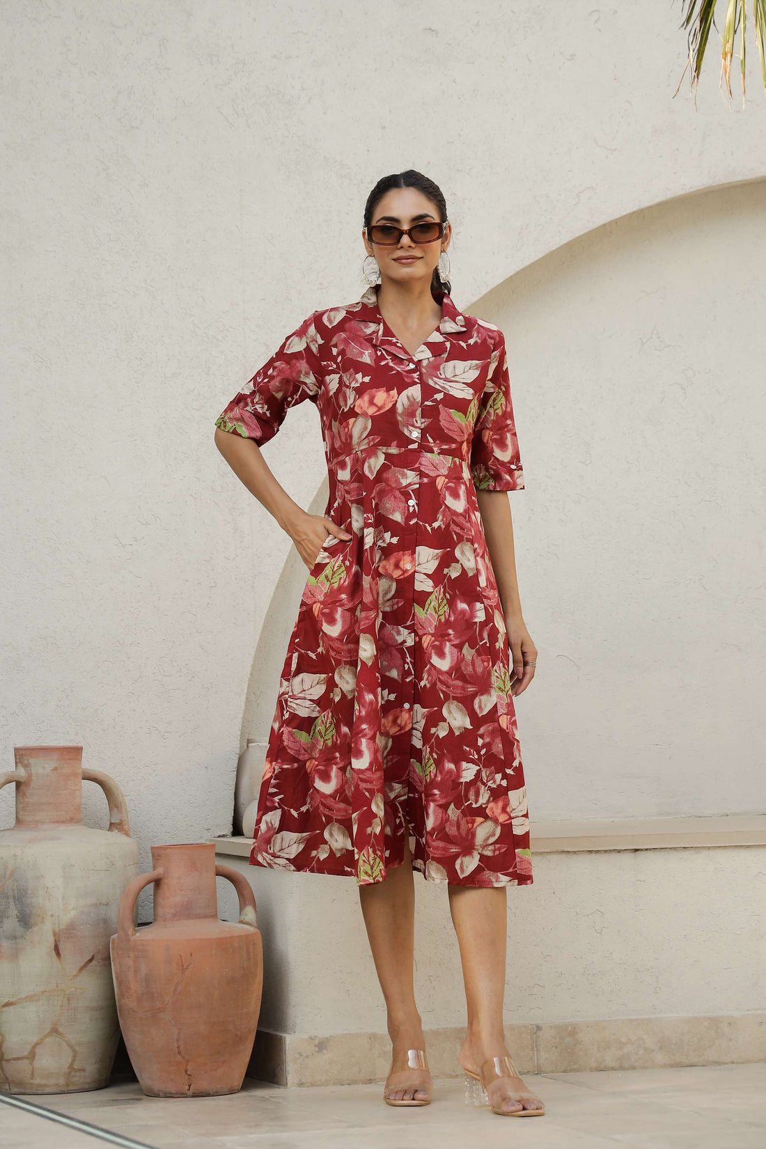 Red Floral Cotton Shirt Dress – Elegant Flared Midi