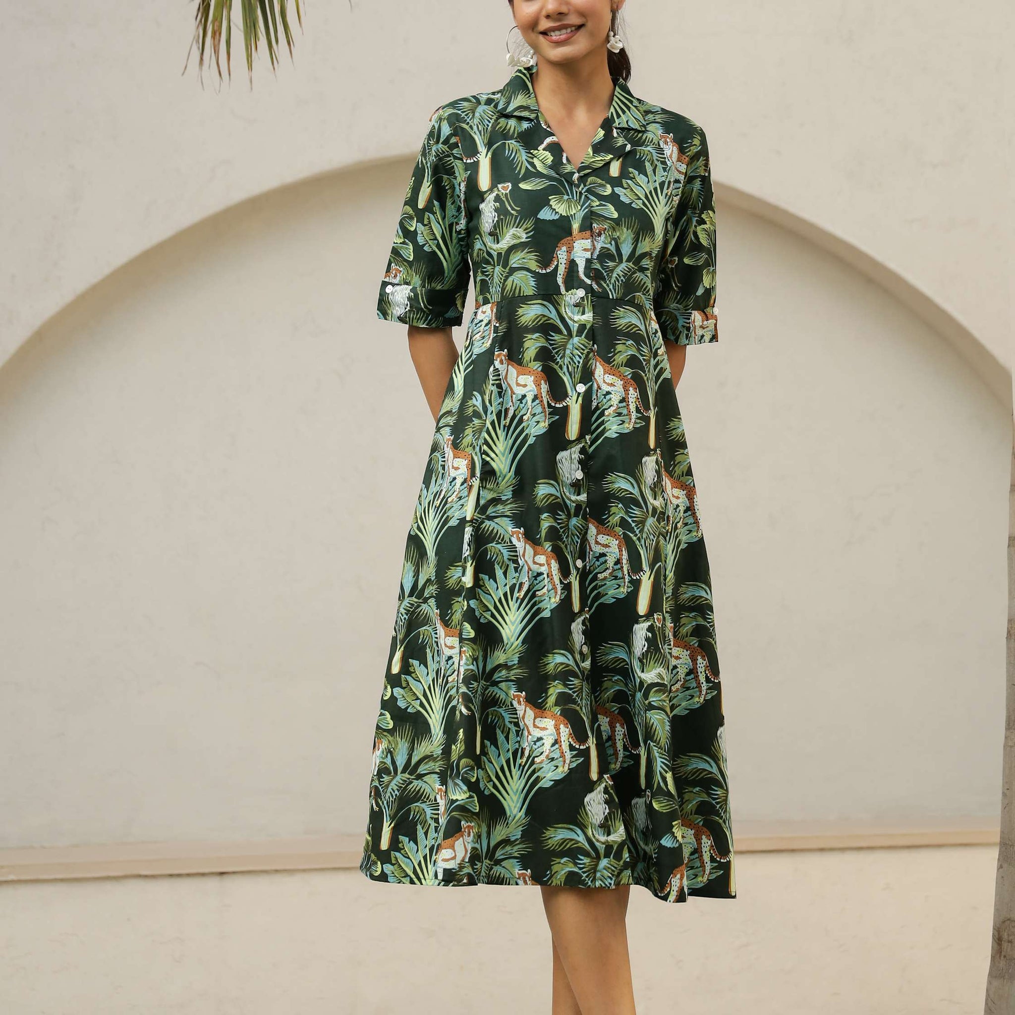 Green Jungle Safari Print Shirt Dress – Tropical Cotton Chic