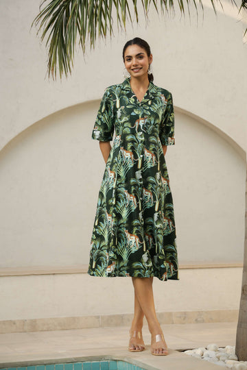 Green Jungle Safari Print Shirt Dress – Tropical Cotton Chic