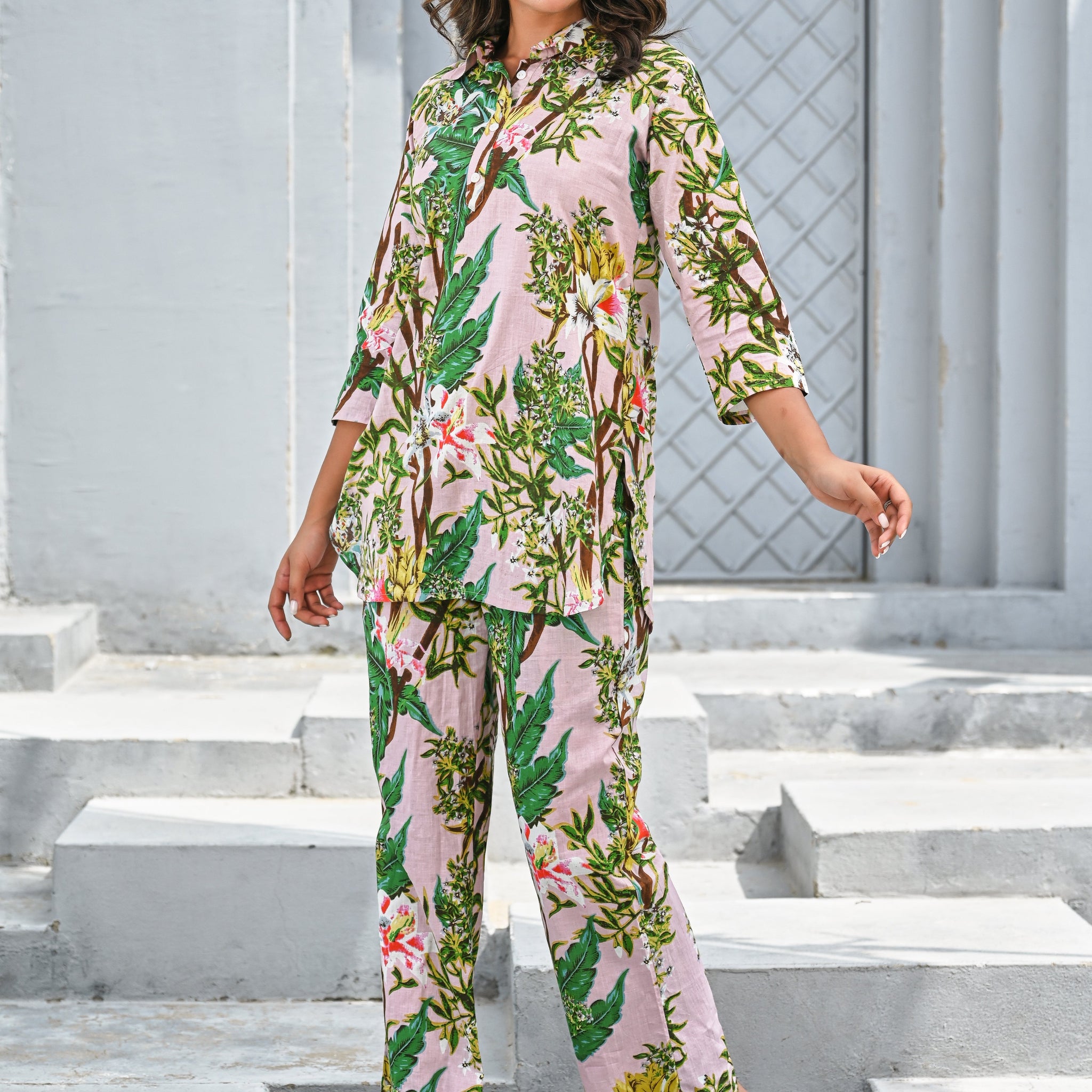 Women’s Pink Tropical Floral Print Co-ord Set – Cotton