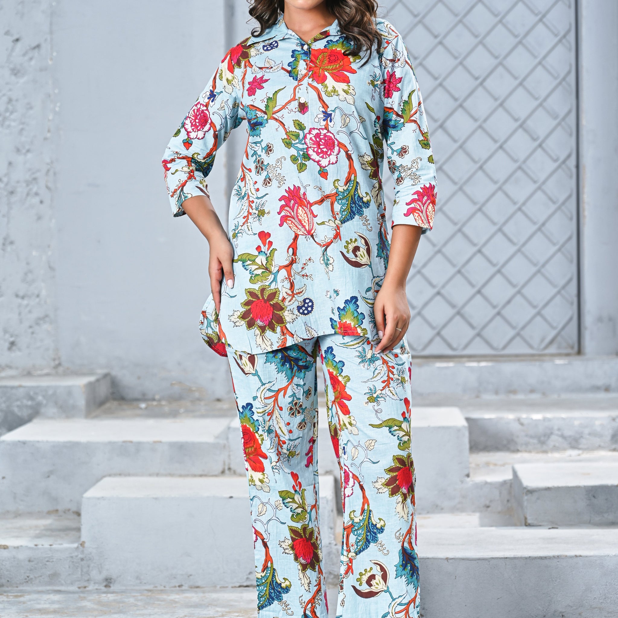 Women’s Sky Blue Floral Print Co-ord Set – Elegant Shirt & Straight Pants