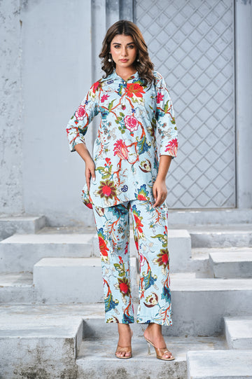 Women’s Sky Blue Floral Print Co-ord Set – Elegant Shirt & Straight Pants