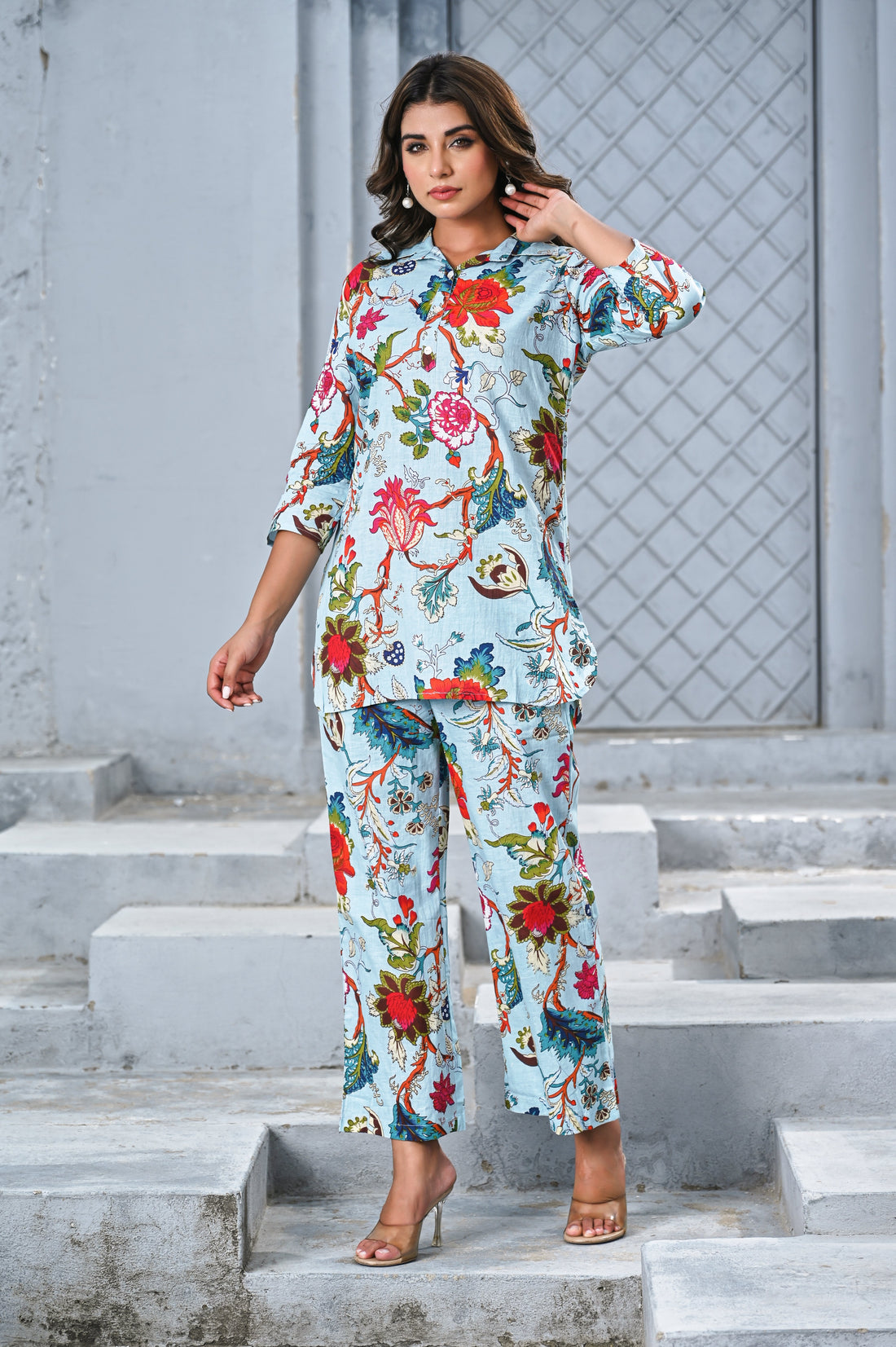 Women’s Sky Blue Floral Print Co-ord Set – Elegant Shirt & Straight Pants