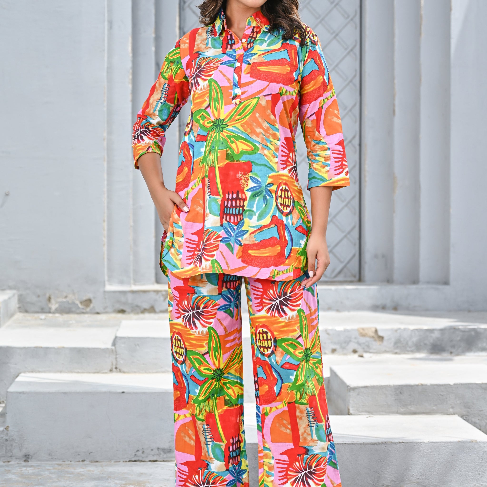 Women’s Multicolor Tropical Print Co-ord Set – Vibrant Shirt & Wide-Leg Pants