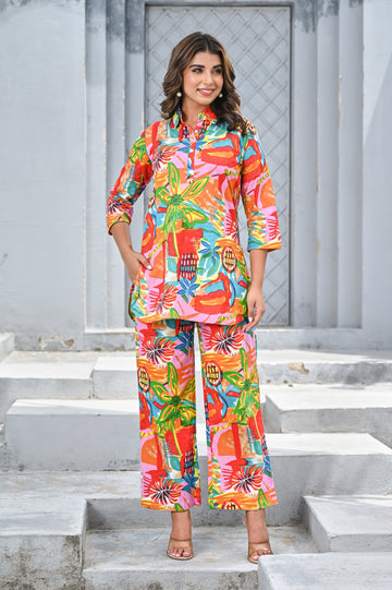 Women’s Multicolor Tropical Print Co-ord Set – Vibrant Shirt & Wide-Leg Pants