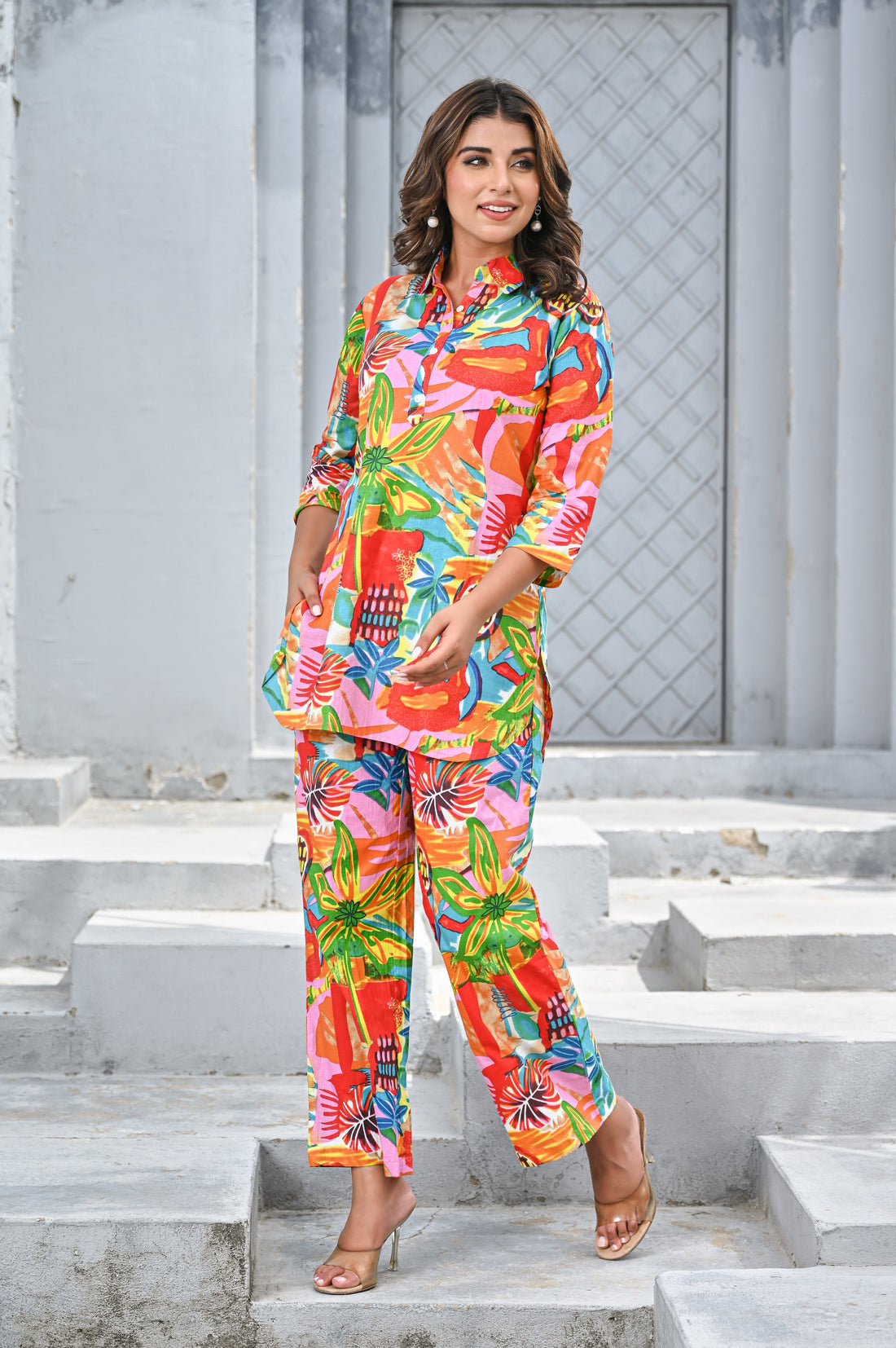 Women’s Multicolor Tropical Print Co-ord Set – Vibrant Shirt & Wide-Leg Pants