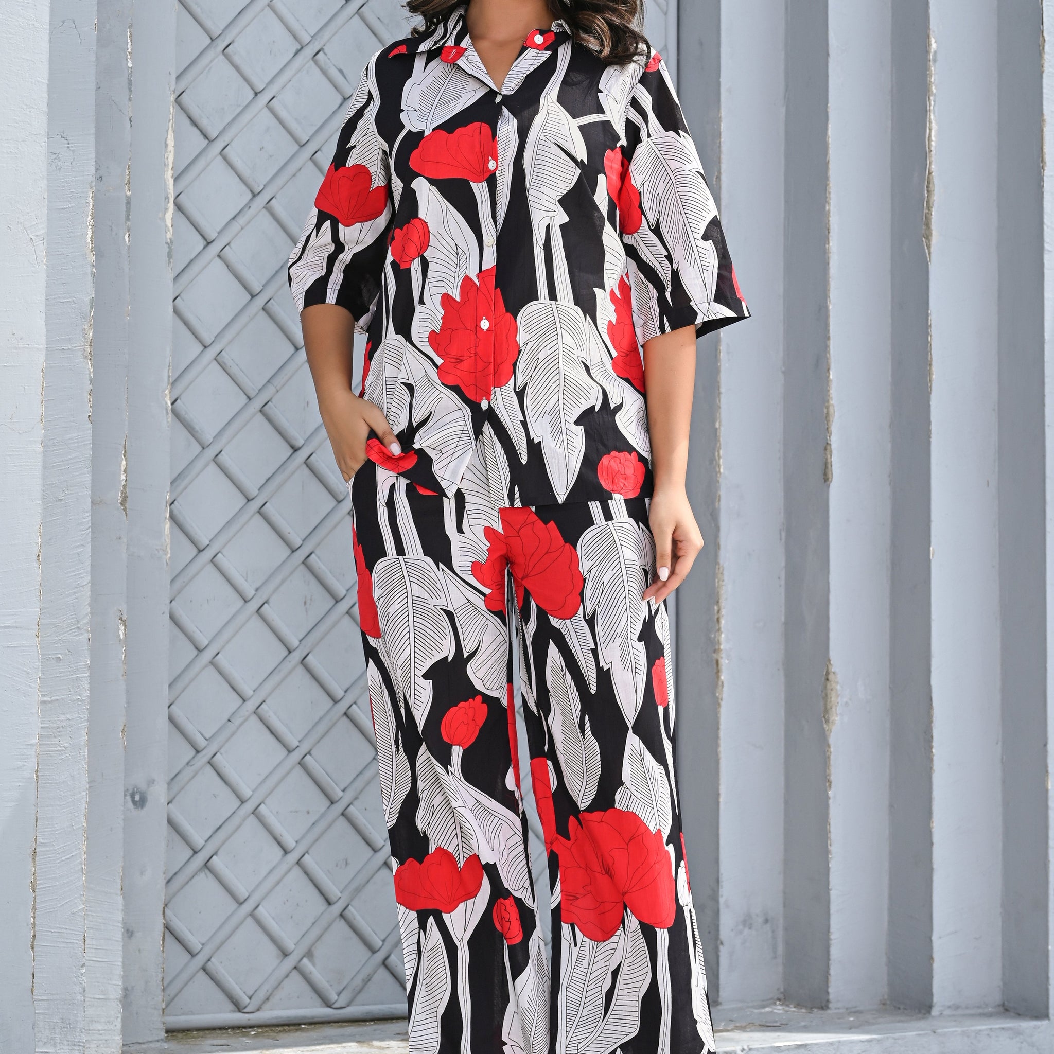 Women’s Black & Red Floral Print Co-ord Set – Relaxed Shirt & Wide-Leg Pants