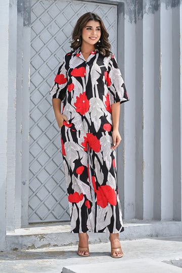 Women’s Black & Red Floral Print Co-ord Set – Relaxed Shirt & Wide-Leg Pants