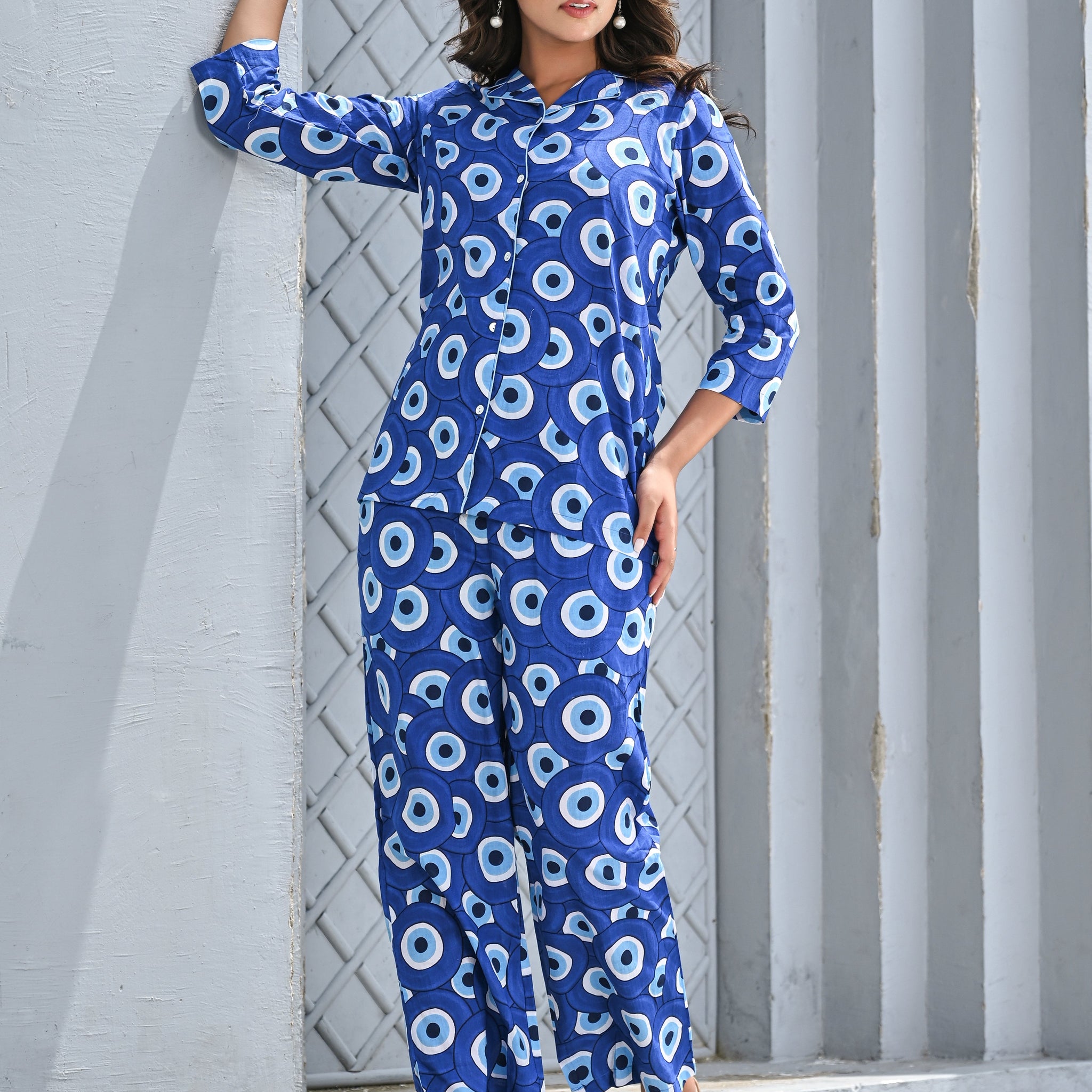 Women’s Blue Geometric Print Co-ord Set – Stylish Button-Down Shirt & Straight Pants