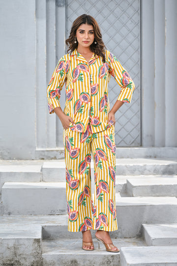 Women’s Yellow & White Stripe Papaya Print Co-ord Set