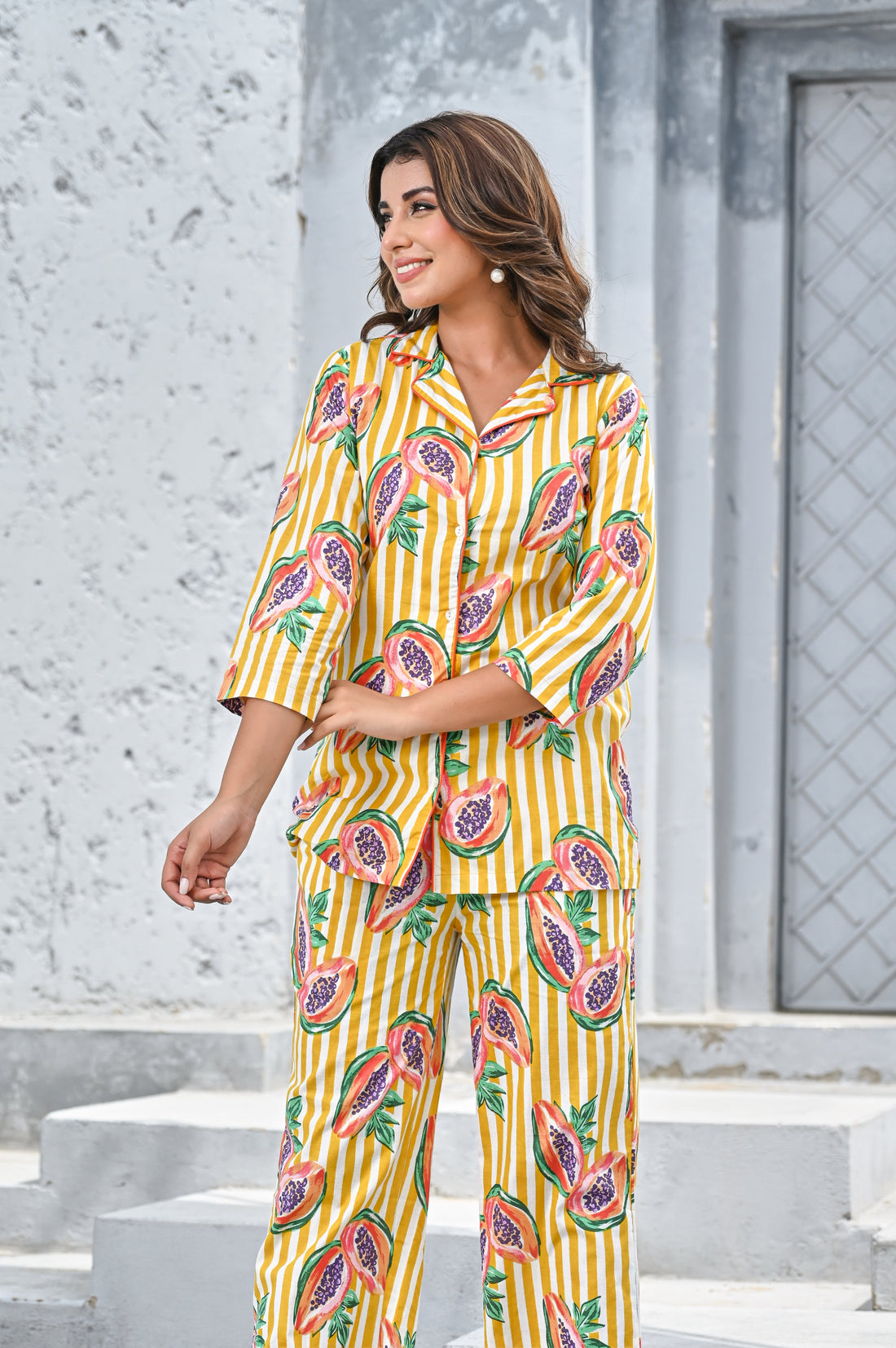 Women’s Yellow & White Stripe Papaya Print Co-ord Set