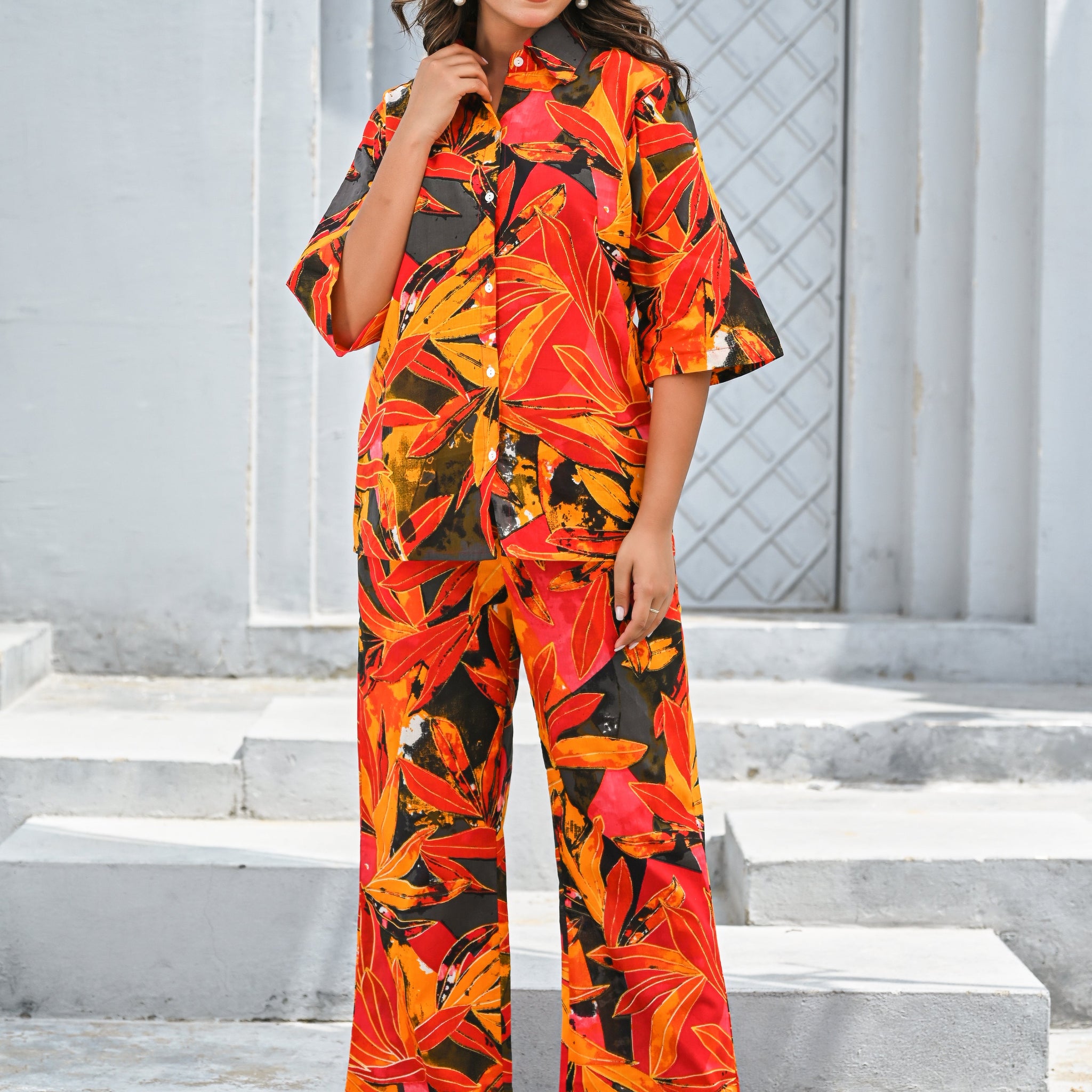 Women’s Tropical Orange & Red Leaf Print Co-ord Set