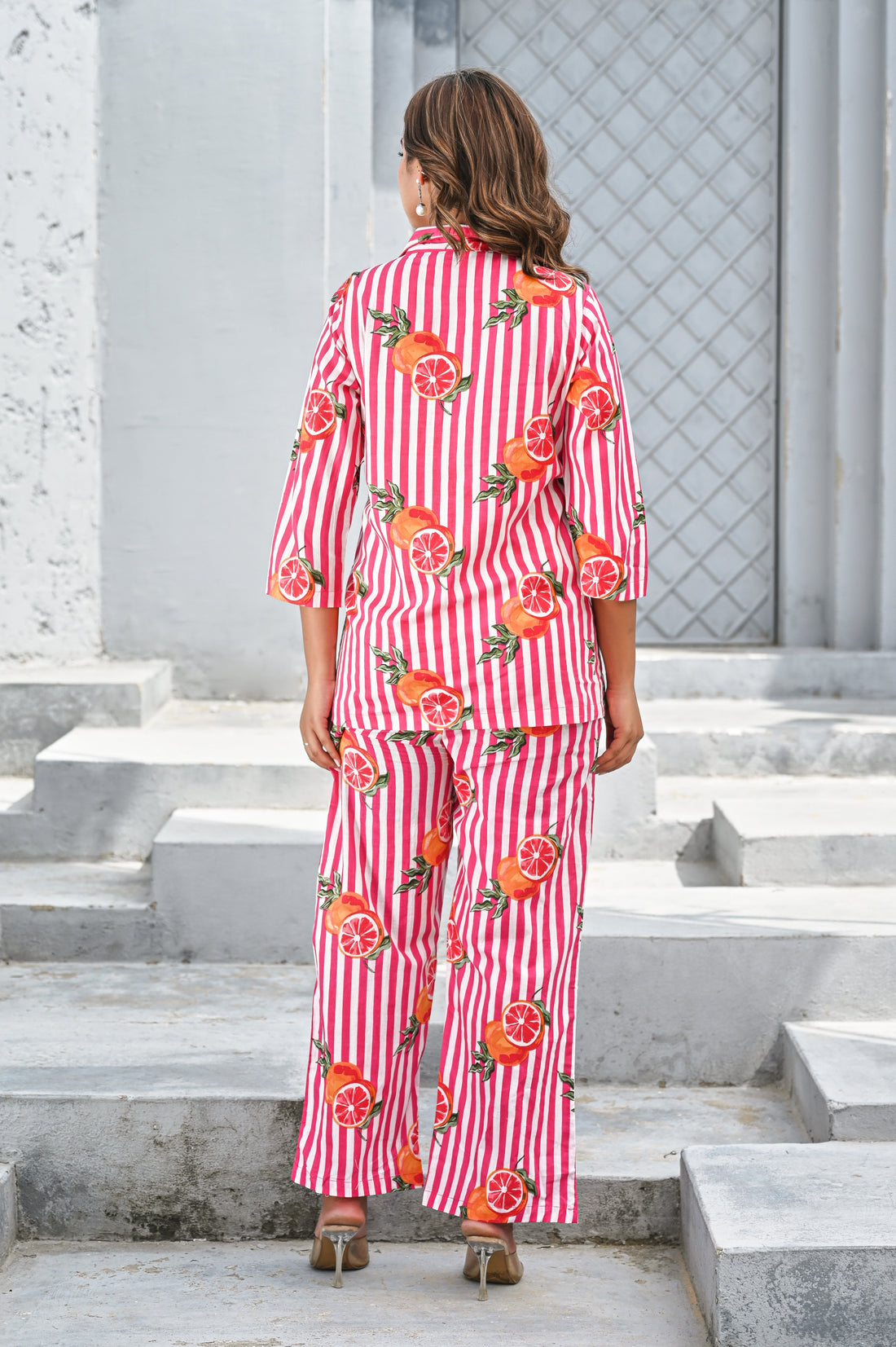 Women’s Pink & White Striped Citrus Print Co-ord Set