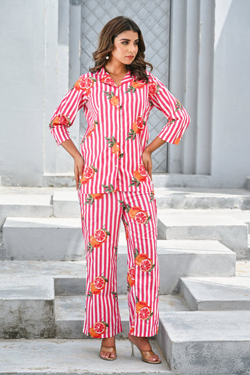 Women’s Pink & White Striped Citrus Print Co-ord Set