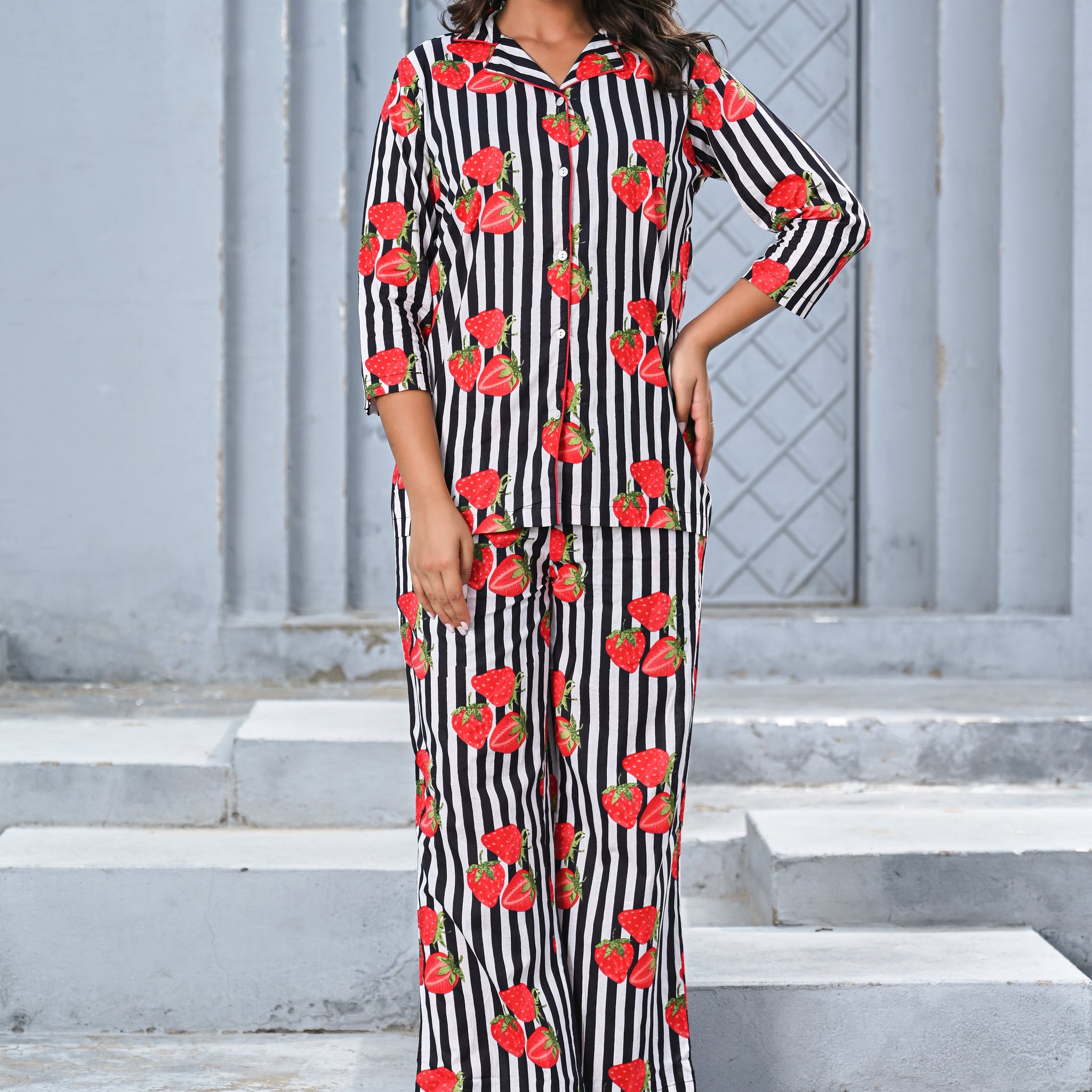 Women’s Black & White Striped Strawberry Print Co-ord Set