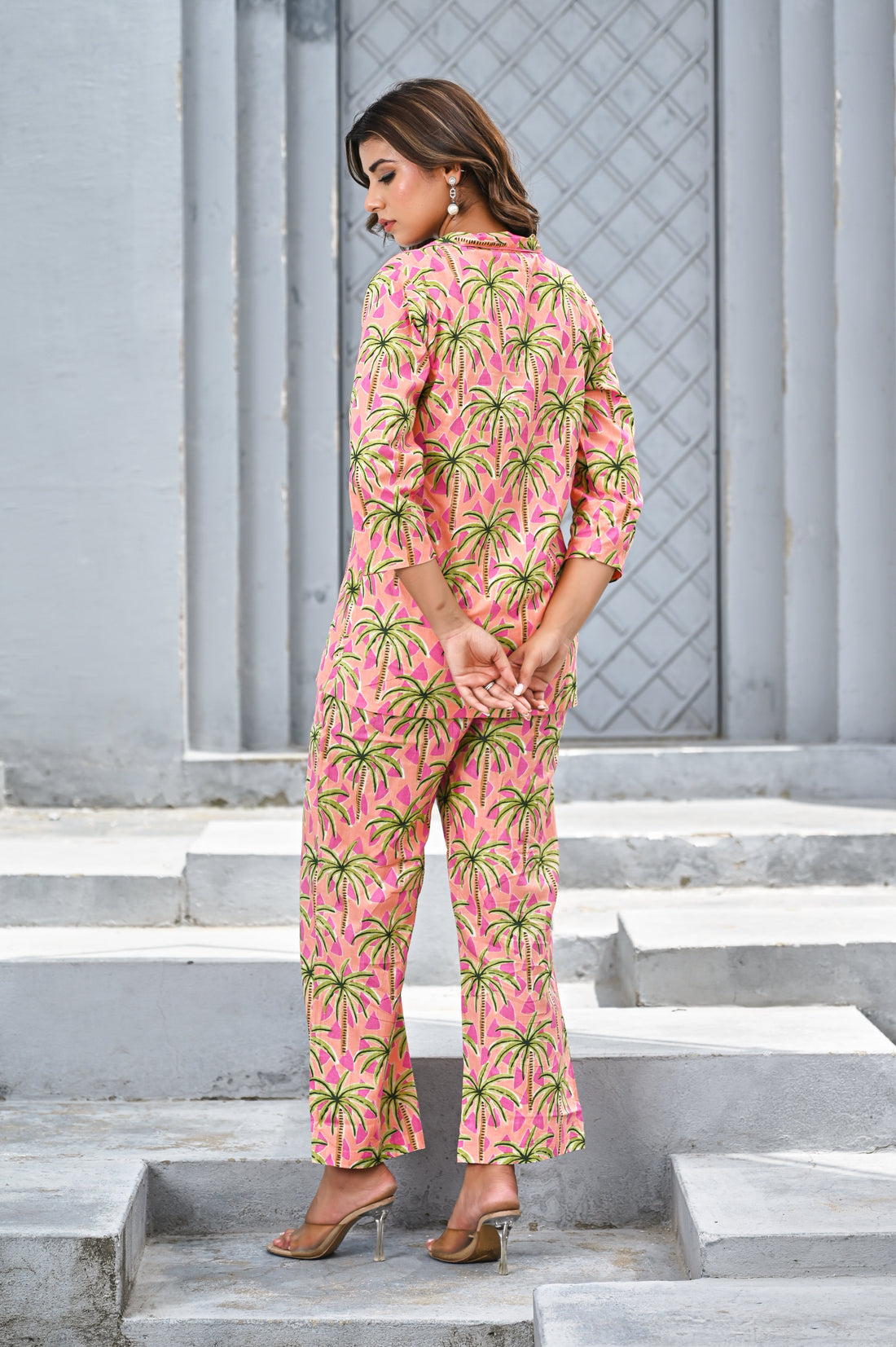 Women’s Pink Tropical Palm Print Co-ord Set – Relaxed Shirt & Straight Pants