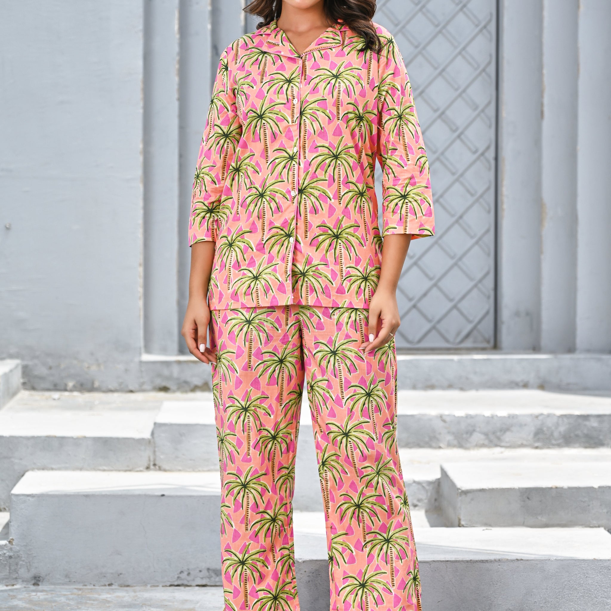 Women’s Pink Tropical Palm Print Co-ord Set – Relaxed Shirt & Straight Pants