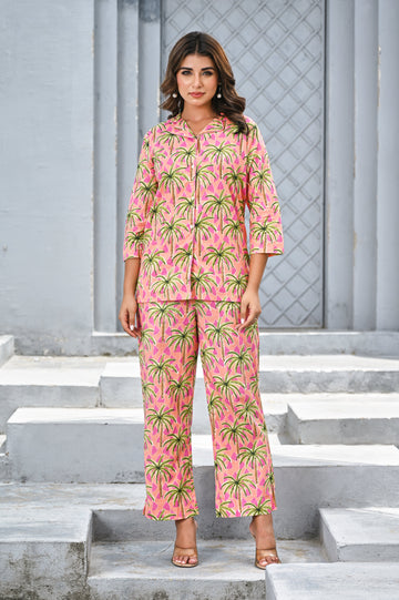 Women’s Pink Tropical Palm Print Co-ord Set – Relaxed Shirt & Straight Pants