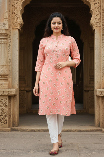 Women’s Peach Cotton Handblock Printed Straight Kurti