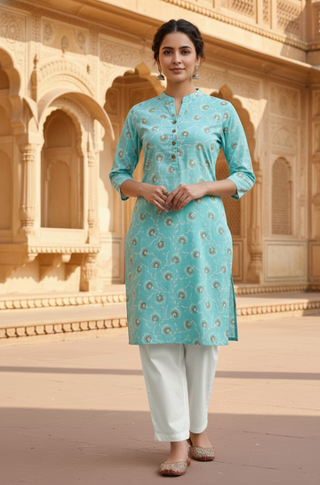 Elegant Sky Blue Printed Kurta – Casual & Ethnic Wear